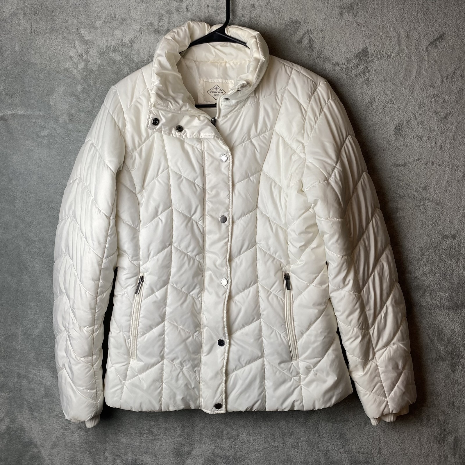 St John's Bay Women's M Quilted Jacket White Snap Button Pockets
